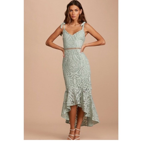 Lulus Dresses & Skirts - Lulus Won Your Heart Sage Green Lace Tie-Strap High-Low Midi Dress Size Small